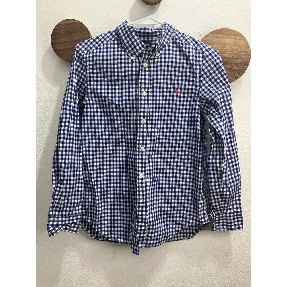 Ralph Lauren Blue White Gingham Dress Shirt Boys‎ 14-16 Button Down Pink Pony